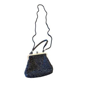 Vintage Valerie Stevens Black Beaded Evening Bag With Silver Frame & Long Strap